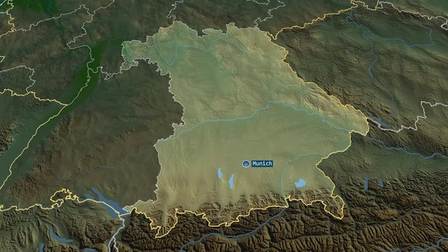 Bavaria - state of Germany with its capital zoomed on the physical map of the globe. Animation 3D