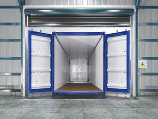 Hangar interior with open container. 3d illustration