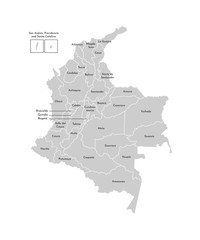 Vector isolated illustration of simplified administrative map of Colombia. Borders and names of the departments (regions). Grey silhouettes. White outline
