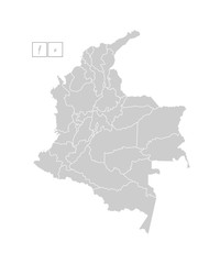 Vector isolated illustration of simplified administrative map of Colombia. Borders of the departments (regions). Grey silhouettes. White outline