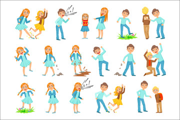 Older Gir and Boy Bullying Young Children And Behaving Badly Set