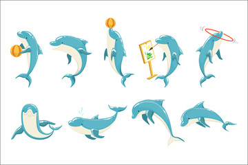 Bottlenose Dolphin Performing Tricks Set of Illustrations - obrazy, fototapety, plakaty