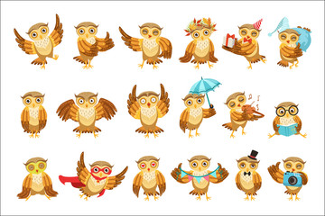 Cute Brown Owl Emoji Icon Set