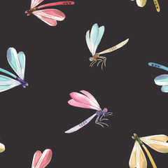 Watercolor dragonfly vector pattern