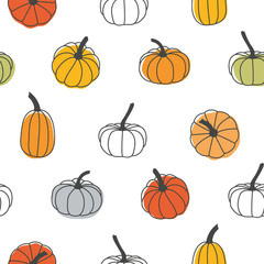 Beautiful pumpkin halloween thanksgiving seamless pattern, cute catroon pumpkins hand drawn background, great for seasonal textile prints, holiday banners, backdrops or wallpapers - vector surface