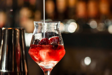 Barman makes a beautiful cocktail at the bar. The barman whipped the cocktail