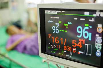 Modern vital signs monitor display at ICU in hospital.