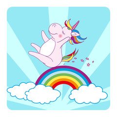 Happy unicorn riding on a rainbow 