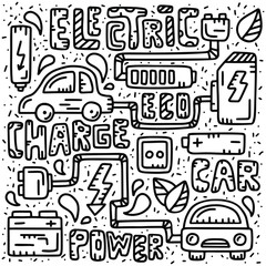 Naklejka premium Doodle illustration of Electric cars and text. Vector design for poster, card, board. Hand drawn icons on white background. Hand drawing cute style.