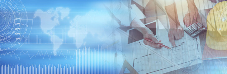 Architects working on plans, double exposure; panoramic banner