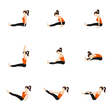 Seated yoga poses set/Illustration stylized woman practicing seated yoga postures