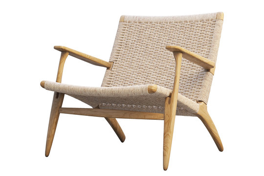 Light brown wooden chair with wicker seat. 3d render