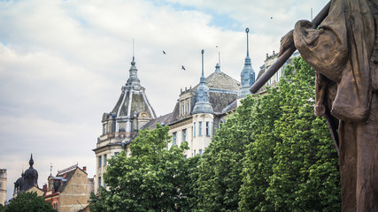 View from the Kossuth Statue in Debrecen to the Grand Hotel Aranybika