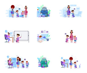 Moms lead children to school concept illustration on interior background. Metaphor - Back to School