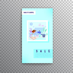 Vertical banner set- back to school and sale, flat style with geometric figures and characters.