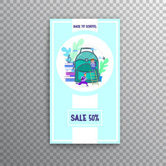 Vertical banner set- back to school and sale, flat style with geometric figures and characters.