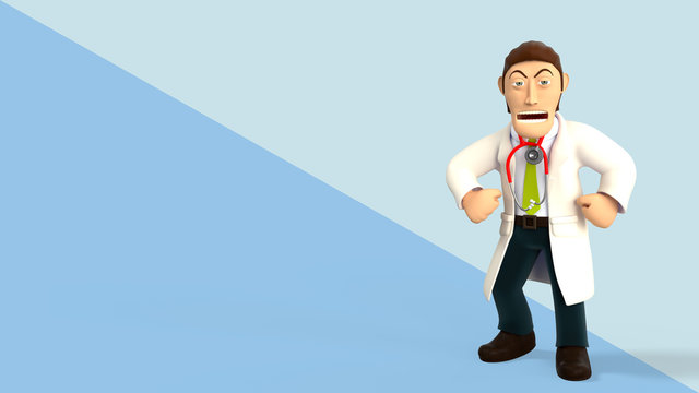 Young angry cartoon 3d doctor screaming and showing his muscles, in white coat with a stethoscope, isolated on blue diagonal splitted background 3d rendering