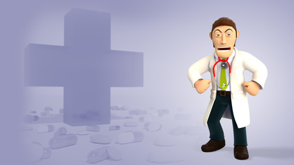 Young angry cartoon 3d doctor screaming and showing his muscles, in white coat with a stethoscope, isolated on purple background with medical cross and pills 3d rendering