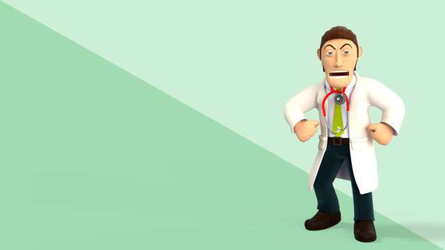 Young angry cartoon 3d doctor screaming and showing his muscles, in white coat with a stethoscope, isolated on green diagonal splitted background 3d rendering