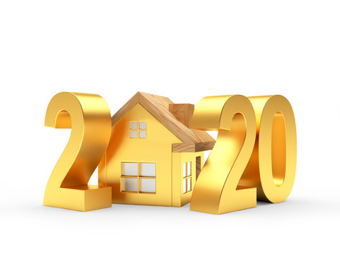 Real estate concept. Golden 2020 New Year and house icon isolated on a white background. 3D illustration