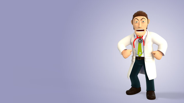 Young angry cartoon 3d doctor screaming and showing his muscles, in white coat with a stethoscope, isolated on purple gradient background 3d rendering