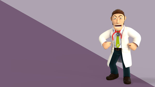 Young angry cartoon 3d doctor screaming and showing his muscles, in white coat with a stethoscope, isolated on purple diagonal splitted background 3d rendering