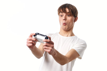 man with joystick playing video game