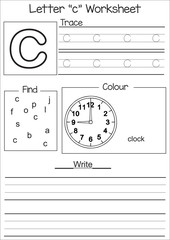 Letter c worksheet illustration white and black