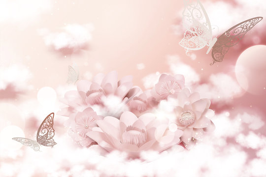 Pastel Pink Paper Flowers And Cloud