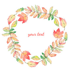 Watercolor autumn branches and leaves wreath. Rustic greenery. Illustration for invintation, greeting card, wedding card