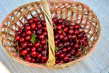 Fresh ripe cherries in wicker basket	