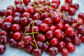 Obraz na płótnie Canvas Closeup of a bunch of wet ripe cherry farm.
