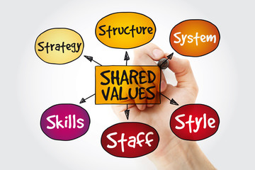 Shared values management mind map with marker, business strategy concept