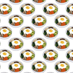 Seamless pattern of bibimbap korean traditional dish with fried egg. Asian cuisine. Colorful vector background.