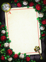 Alice in Wonderland. Red roses and white roses on chess background, playing card. Rose flower frame - obrazy, fototapety, plakaty