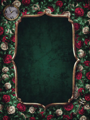 Alice in Wonderland. Red  roses and white roses background and gold frame. Clock and key.