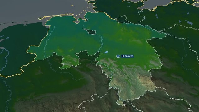 Niedersachsen - state of Germany with its capital zoomed on the physical map of the globe. Animation 3D