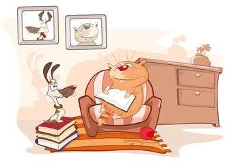  Vector Illustration Cat Reading a Book little Puppy Comics Book