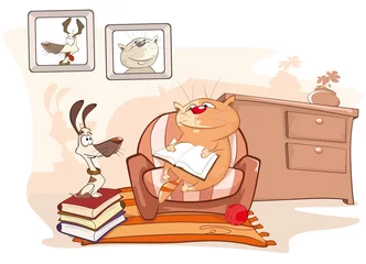 Foto op Plexiglas  Vector Illustration Cat Reading a Book little Puppy Comics Book © liusa