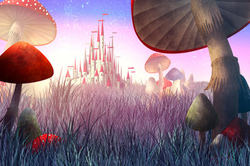 fantastische Landschaft mit Pilzen und Nebel. Illustration zum Märchen &quot Alice im Wunderland&quot 