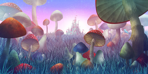 fantastic landscape with mushrooms and fog. illustration to the fairy tale "Alice in Wonderland"