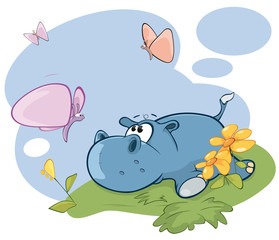 Vector Illustration  Cute Little Hippo and Butterfly Comics Book
