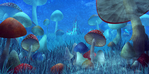 fantastic landscape with mushrooms and fog. illustration to the fairy tale 