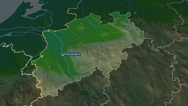 Nordrhein Westfalen - state of Germany with its capital zoomed on the physical map of the globe. Animation 3D