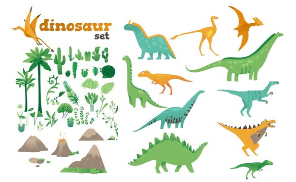 Set of dinosaurs, ancient plants, volcanoes of the Jurassic period.