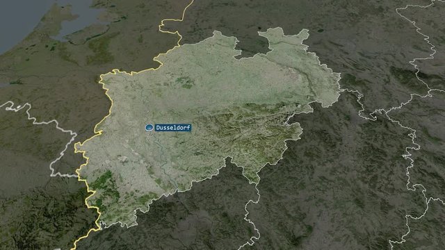 Nordrhein Westfalen - state of Germany with its capital zoomed on the satellite map of the globe. Animation 3D
