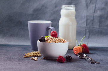 Organic puffed spelt wheat in blue bowl with milk and strawberry for breakfast.