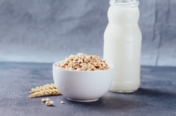 Organic puffed spelt wheat in blue bowl with milk and strawberry for breakfast.