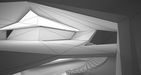 Abstract architectural white interior of a minimalist house with neon lighting. Drawing. 3D illustration and rendering.