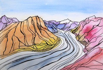 Glacier and mountains landscape hand painted with watercolor and ink